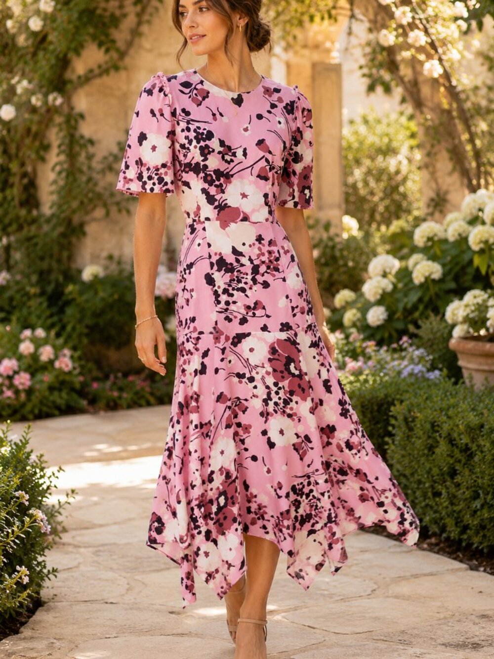 Veronica Beard Connie Silk Floral Handkerchief Hem Dress Pink 6